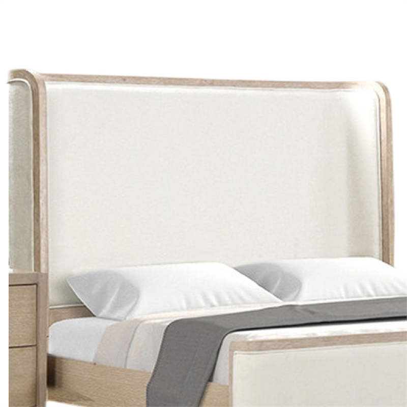 Fea Queen Bed-Natural Oak-Shelter Padded Headboard-White Upholstery