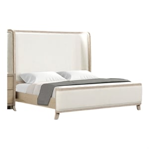 Fea Queen Bed-Natural Oak-Shelter Padded Headboard-White Upholstery