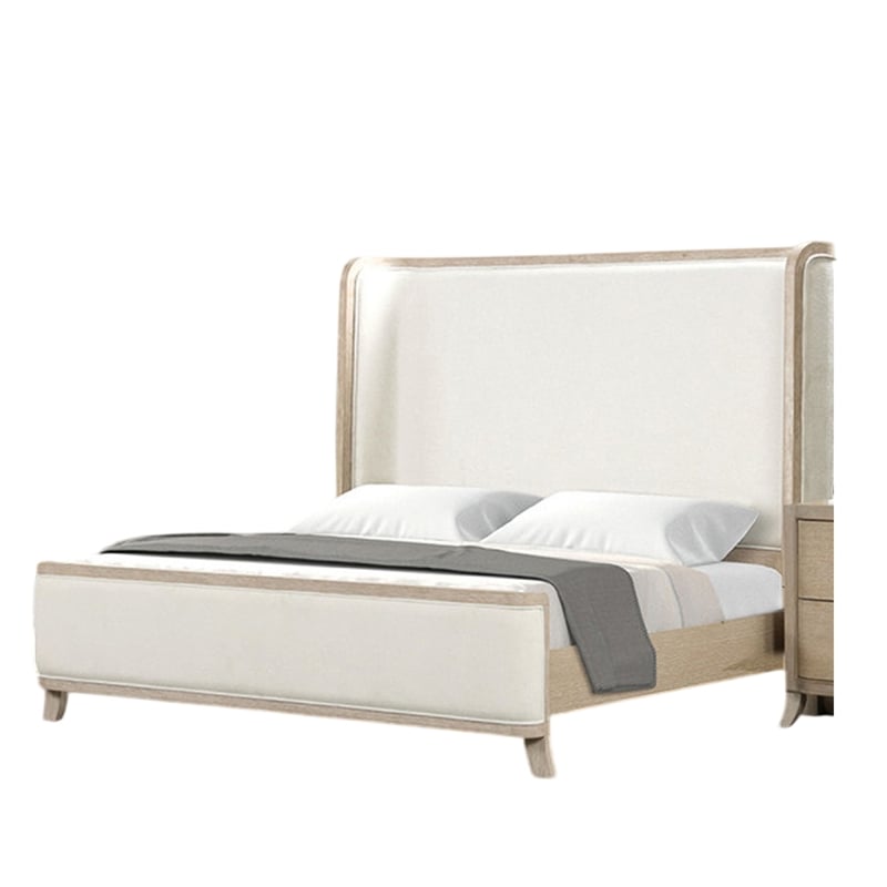 Fea Queen Bed-Natural Oak-Shelter Padded Headboard-White Upholstery
