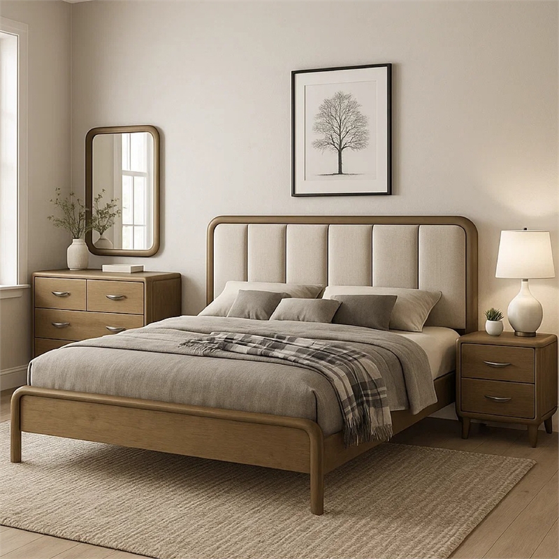 Deon 4 Piece Queen Bedroom Set-Upholstered Headboard-Brown Hardwood