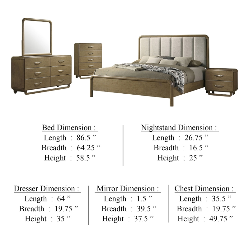 Deon 5 Piece Queen Bedroom Set-Upholstered Headboard-Brown Hardwood