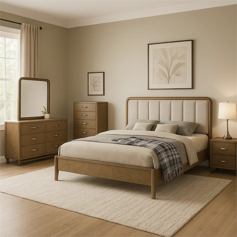 Deon 5 Piece Queen Bedroom Set-Upholstered Headboard-Brown Hardwood