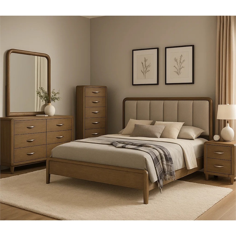 Deon 5 Piece Queen Bedroom Set-Upholstered Headboard-Brown Hardwood