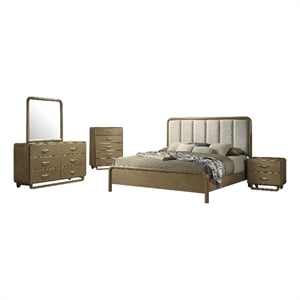 Deon 5 Piece Queen Bedroom Set-Upholstered Headboard-Brown Hardwood