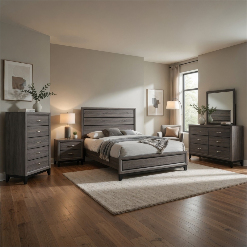 Mela 5pc Cal King Bed Set-Nightstand-Tall Chest-Mirror-Oak Gray