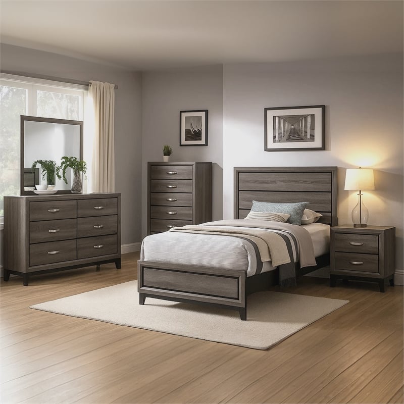 Mela 5pc Twin Bed Set-Nightstand Dresser Chest and Mirror-Oak Gray