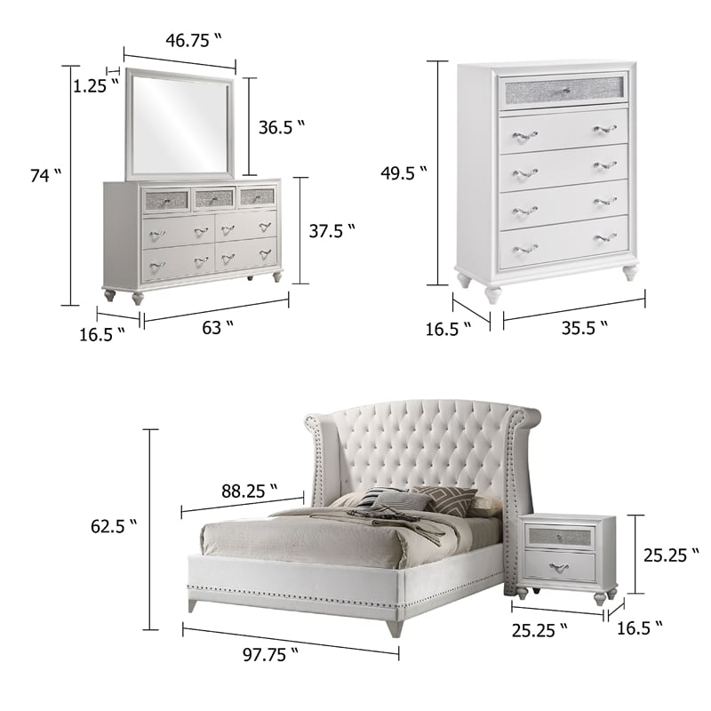 Dini Glam 5pc King Bedroom Set-Tufted Wingback in White Velvet