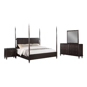 Amber 4pc Poster Queen Bed Set-Modern Dark Brown Wood-Dresser Mirror