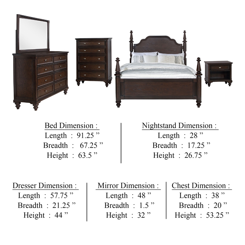 Meon 5pc Poster Queen Bed Set-Classical Dark Oak Brown-Dresser Chest