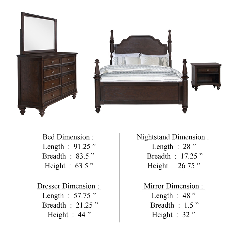 Meon 4pc Poster King Bed Set-Classical Dark Oak Brown-Dresser Mirror