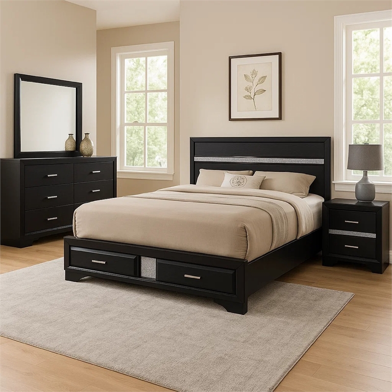 Vino Black 4pc California King Bed Set with Storage-Glitter Accent