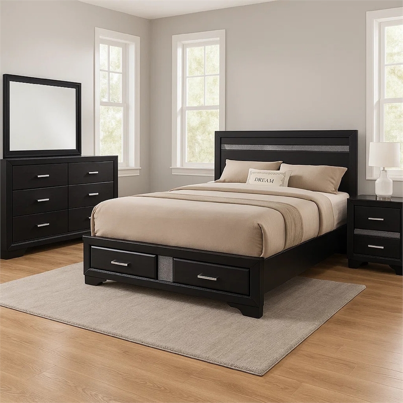 Vino Black 4pc California King Bed Set with Storage-Glitter Accent
