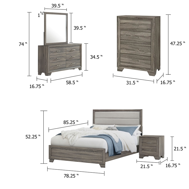 Reay 5 Piece King Bedroom Set with Dressers-Upholstered-Gray Brown
