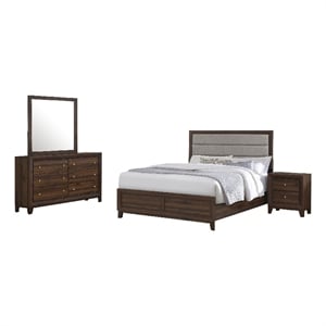 Yels 4 Piece Queen Bedroom Set-Gray Upholstery-Walnut Brown Wood