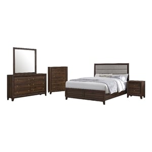 Yels 5 Piece Queen Bedroom Set-Gray Upholstery-Walnut Brown Wood