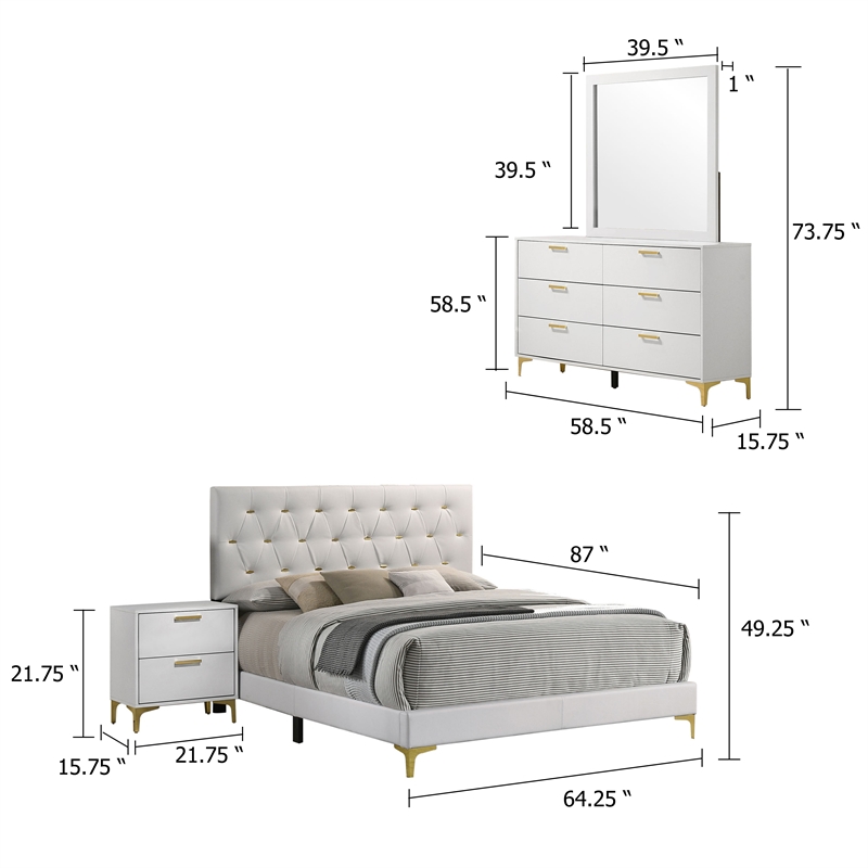 Dle 4 Piece Queen Bedroom Set-White Faux Leather-Modern Gold Accents