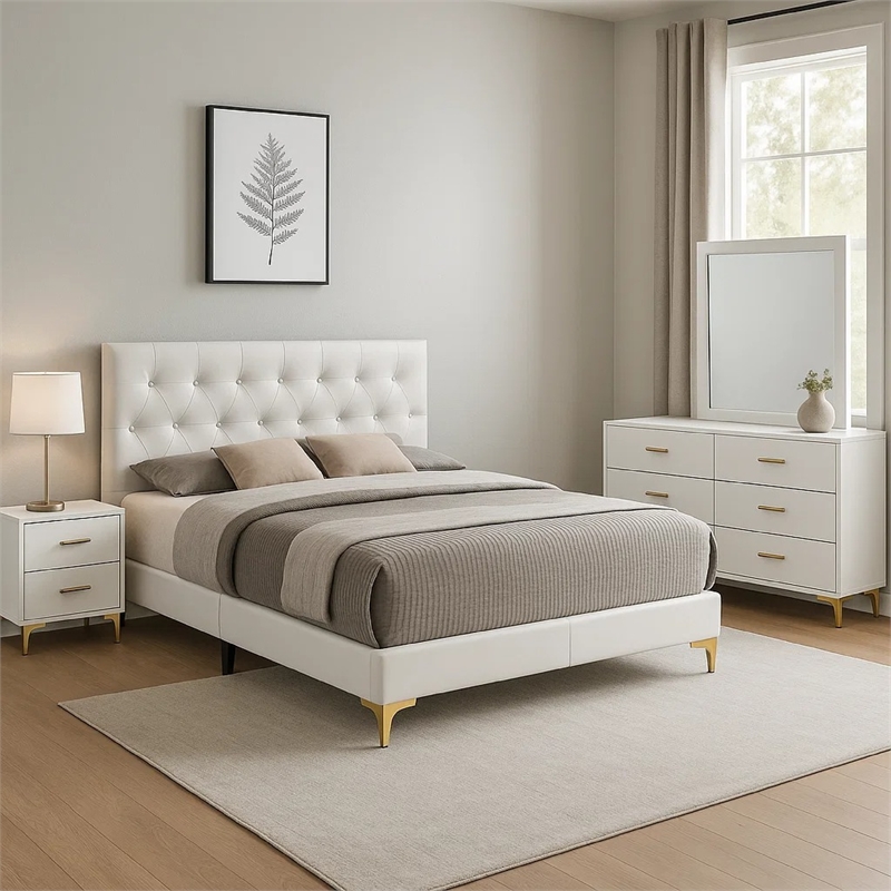 Dle 4 Piece Queen Bedroom Set-White Faux Leather-Modern Gold Accents