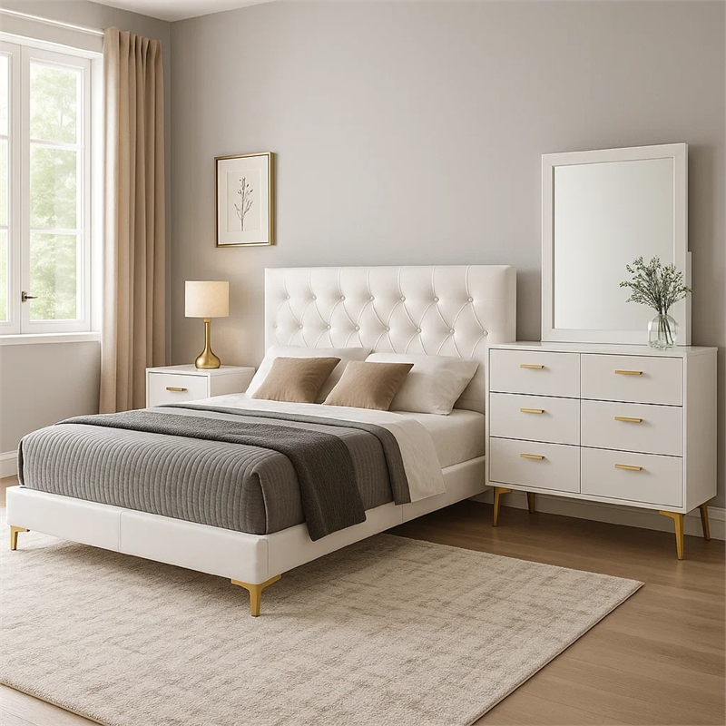 Dle 4 Piece Queen Bedroom Set-White Faux Leather-Modern Gold Accents