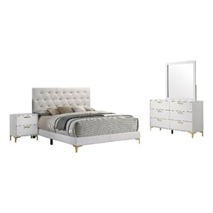 Dle 4 Piece Queen Bedroom Set-White Faux Leather-Modern Gold Accents