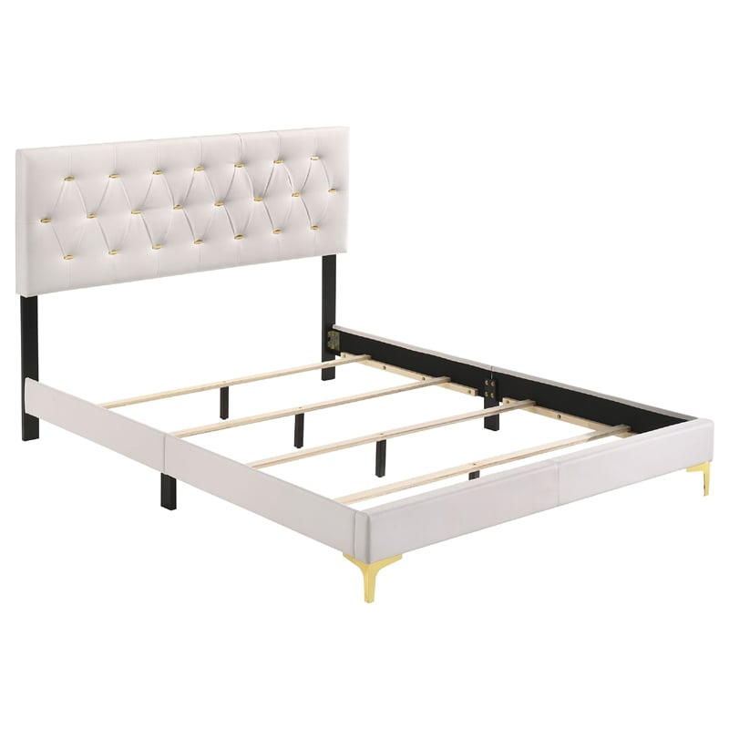 Dle 5 Piece Queen Bedroom Set-White Faux Leather-Modern Gold Accents