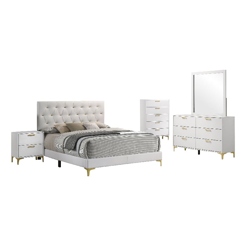 Dle 5 Piece Queen Bedroom Set-White Faux Leather-Modern Gold Accents
