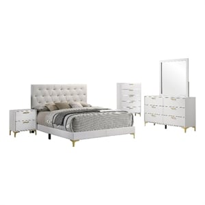 Dle 5 Piece Queen Bedroom Set-White Faux Leather-Modern Gold Accents