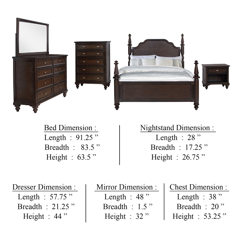 Meon 5pc Poster King Bed Set-Classical Dark Oak Brown-Dresser Chest