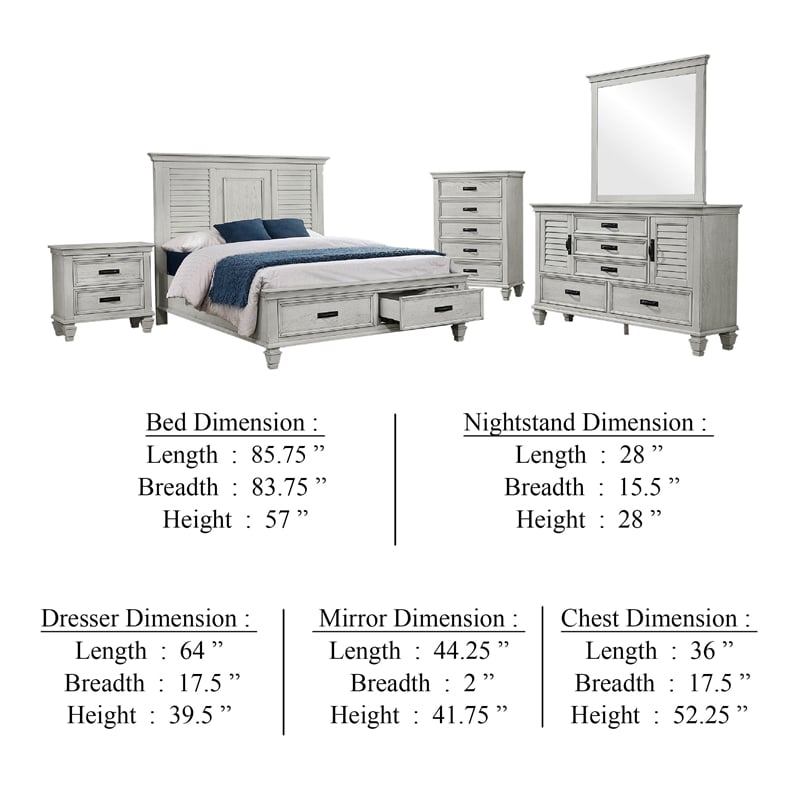 Eli 5 Piece King Bedroom Set-Footboard Storage-Rustic White Wood