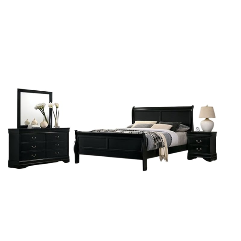 Ryla 4pc Queen Bedroom Set with Nightstand-Dresser-Mirror in Classic Black