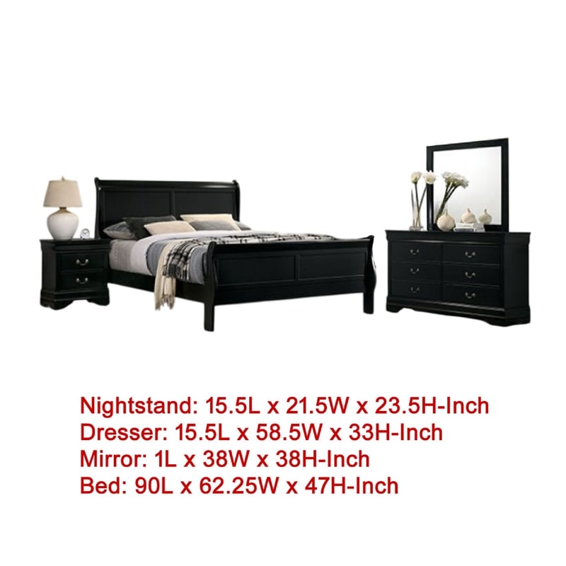 Ryla 4pc Queen Bedroom Set with Nightstand-Dresser-Mirror in Classic Black