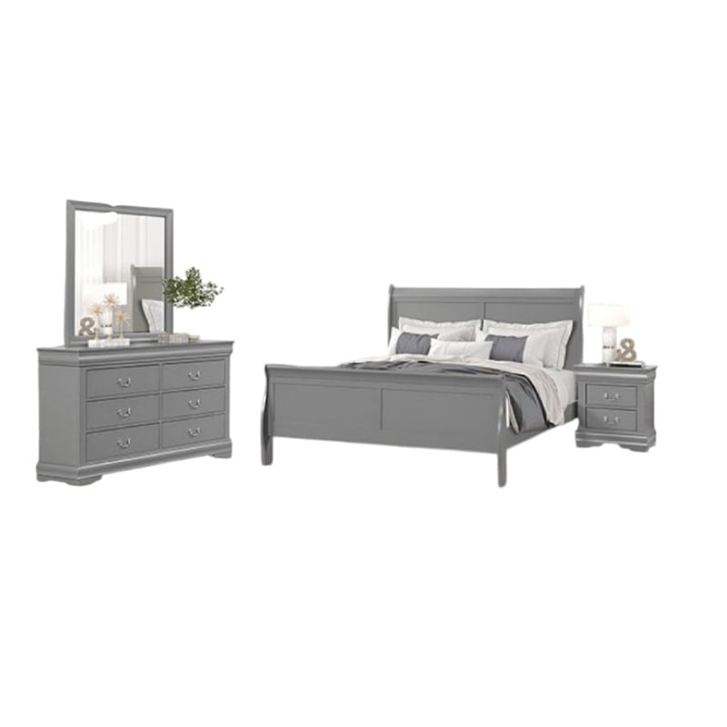4pc Queen Bedroom Set with Nightstand Dresser and Mirror-Neutral Gray