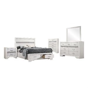 Vino White 5 Piece Full Bed Set with Storage-Dressers-Glitter Accent