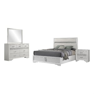 Vino White 4pc California King Bed Set with Dressers-Glitter Accent