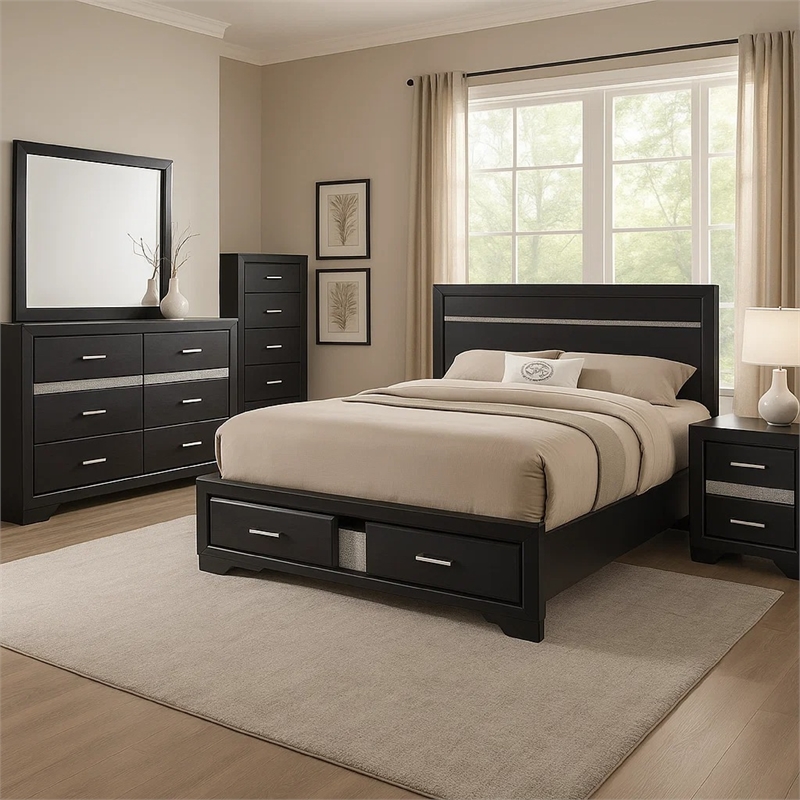 Vino Black 5pc California King Bed Set with Storage-Glitter Accent