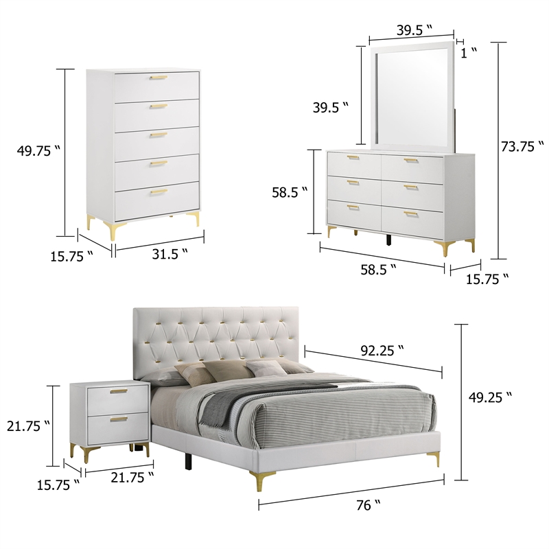 Dle 5pc California King Bedroom Set-White Faux Leather-Modern Gold