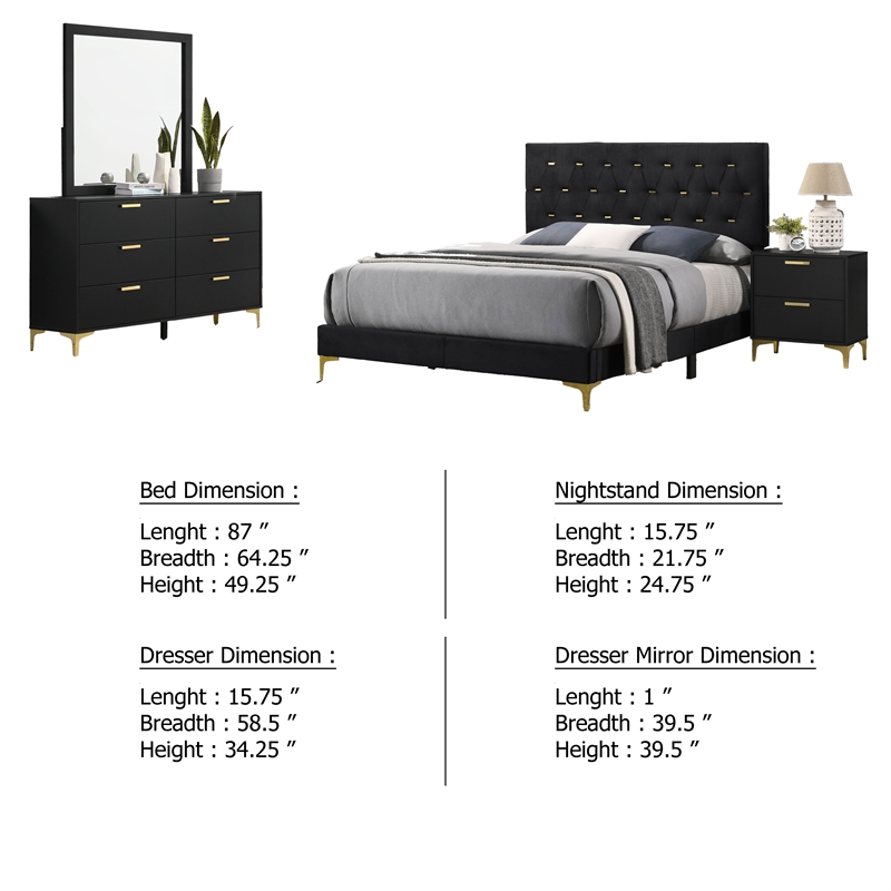 Dle 4 Piece Queen Bedroom Set-Tufted Black Velvet-Modern Gold Accent