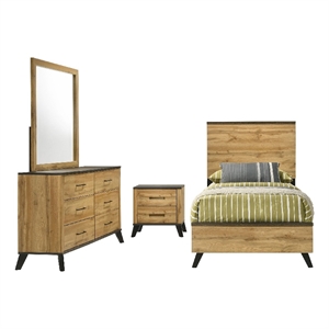 Wemy 4 Piece Twin Size Bed Set-Rustic Brown Pine Wood-Tapered Legs