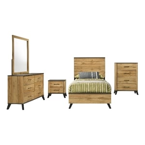 Wemy 5 Piece Twin Size Bed Set-Rustic Brown Pine Wood-Tapered Legs