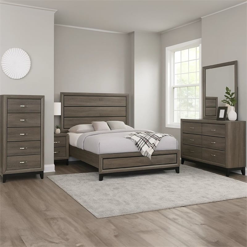 Mela 5pc Queen Bed Set-Nightstand Dresser Chest and Mirror-Oak Gray