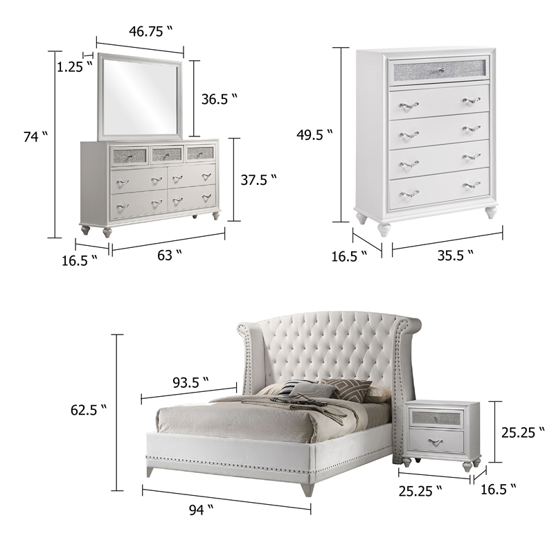 Dini Glam 5pc Cal King Bedroom Set-Tufted Wingback in White Velvet