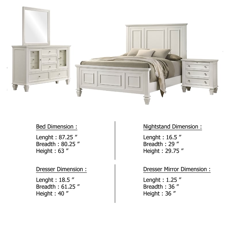 Lila 4 Piece King Bed Set-White Wood Panel Headboard-Vanity Dresser