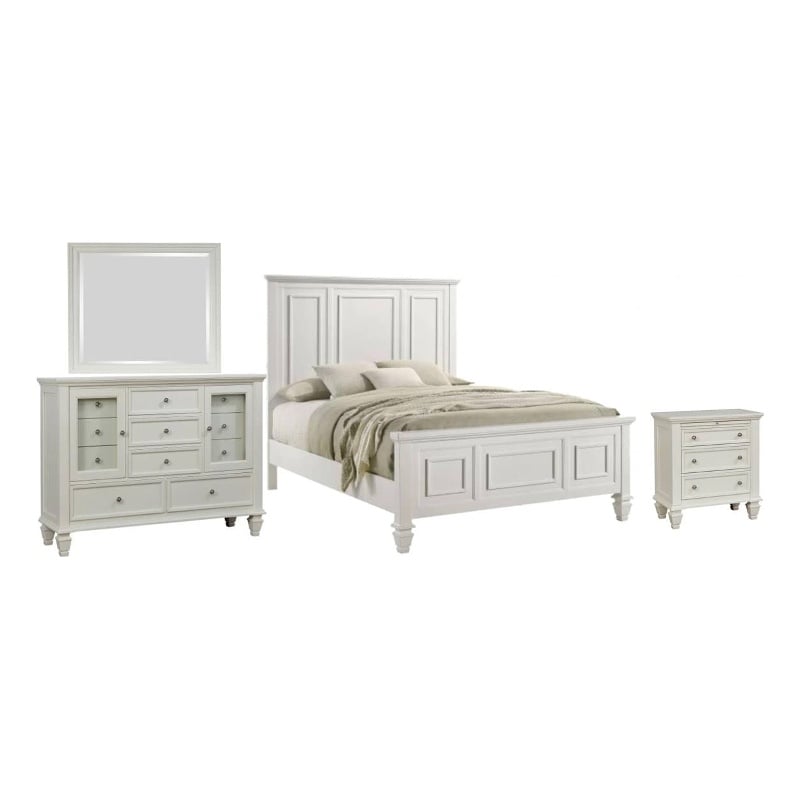 Lila 4 Piece King Bed Set-White Wood Panel Headboard-Vanity Dresser
