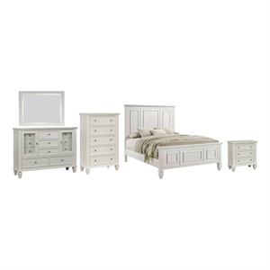 Lila 5 Piece King Bed Set-White Wood Headboard-Vanity Dresser and Chest