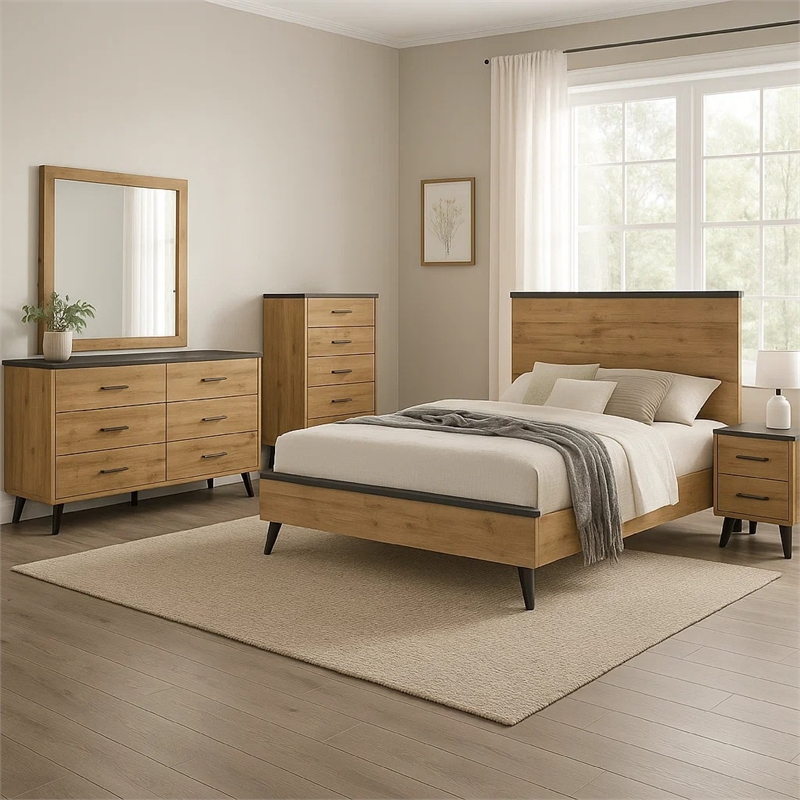 Wemy 5 Piece Queen Size Bed Set-Rustic Brown Pine Wood-Tapered Legs
