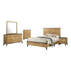 Wemy 5 Piece Queen Size Bed Set-Rustic Brown Pine Wood-Tapered Legs
