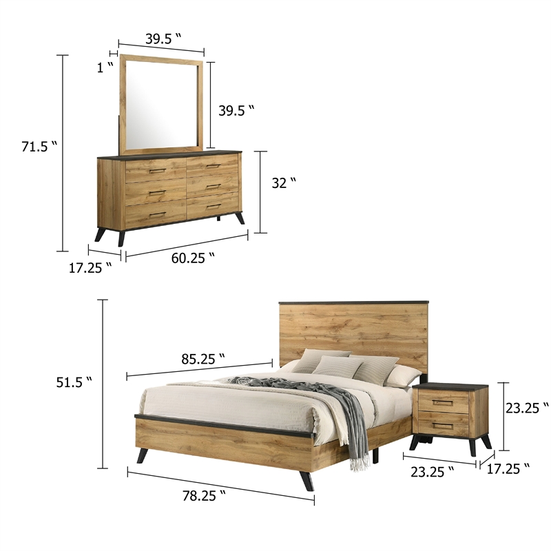 Wemy 4 Piece King Size Bed Set-Rustic Brown Pine Wood-Tapered Legs
