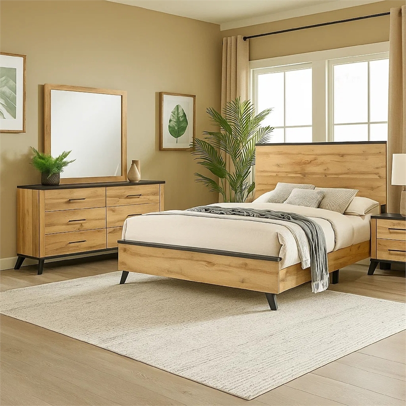Wemy 4 Piece King Size Bed Set-Rustic Brown Pine Wood-Tapered Legs