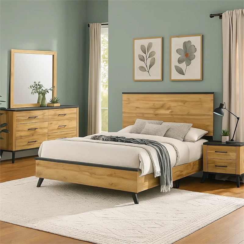 Wemy 4 Piece King Size Bed Set-Rustic Brown Pine Wood-Tapered Legs