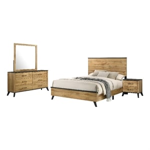 Wemy 4 Piece King Size Bed Set-Rustic Brown Pine Wood-Tapered Legs