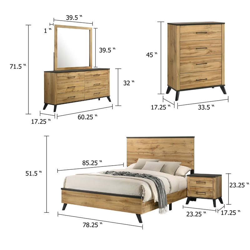 Wemy 5 Piece King Size Bed Set-Rustic Brown Pine Wood-Tapered Legs